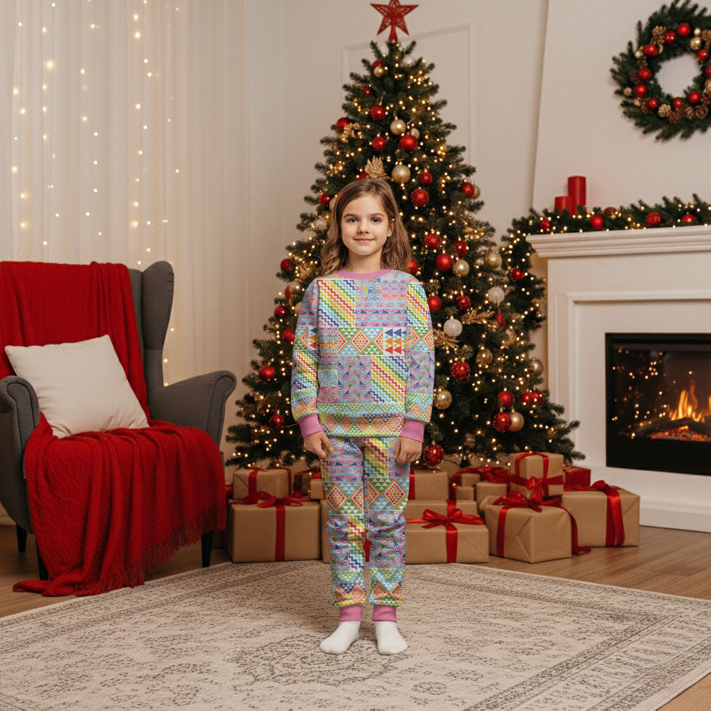 Aotearoa Kowhaiwhai Taniko Patchwork Rainbow Motifs Christmas Pajama Set LT9 Kid Rainbow - Polynesian Pride