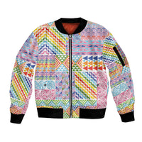 Aotearoa Kowhaiwhai Taniko Patchwork Rainbow Motifs Sleeve Zip Bomber Jacket LT9 Unisex Rainbow - Polynesian Pride