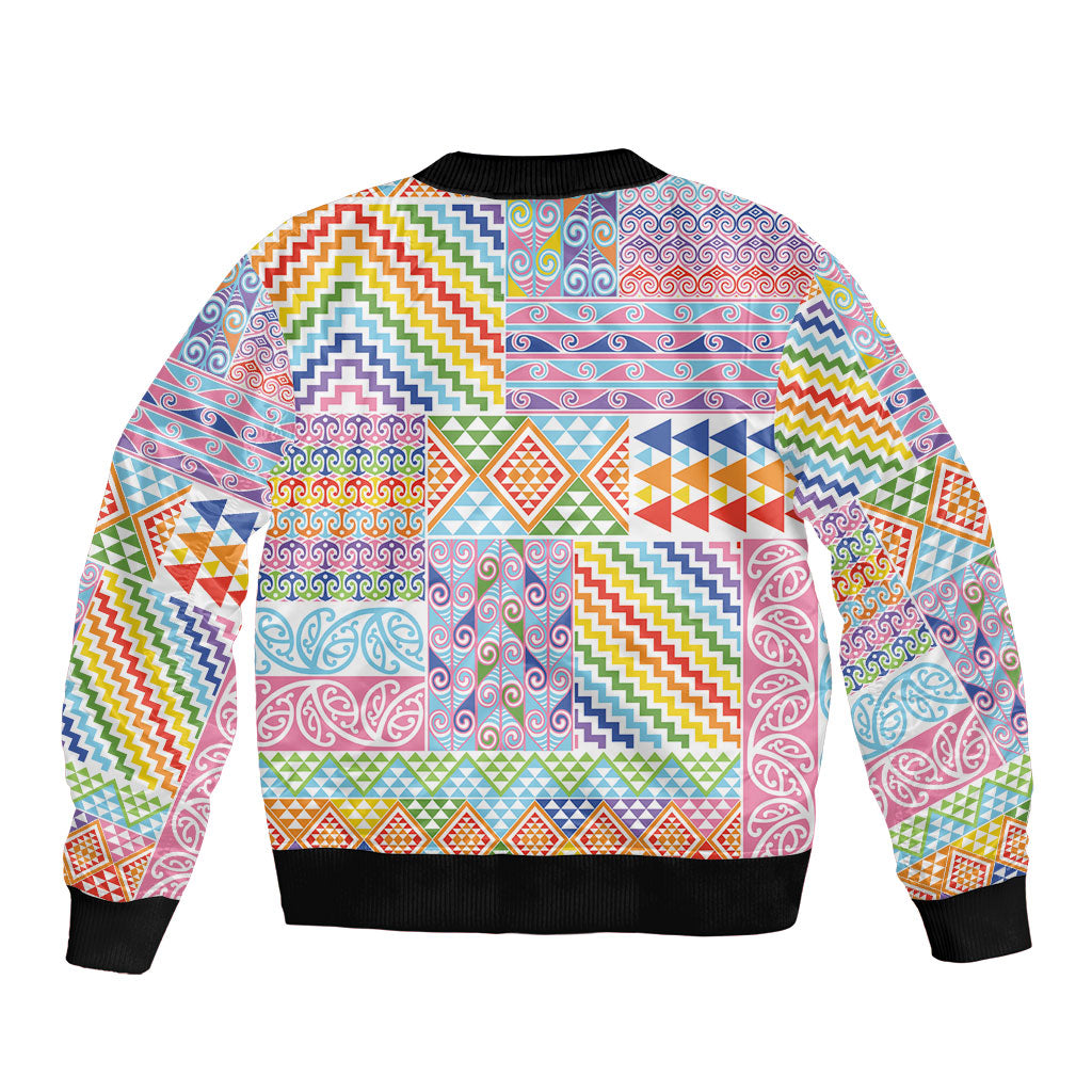 Aotearoa Kowhaiwhai Taniko Patchwork Rainbow Motifs Sleeve Zip Bomber Jacket LT9 - Polynesian Pride