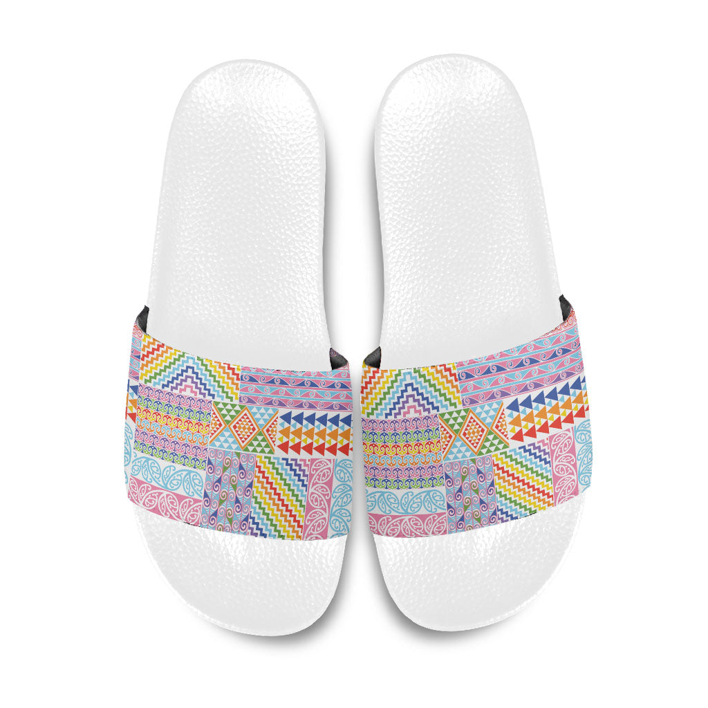 Aotearoa Kowhaiwhai Taniko Patchwork Rainbow Motifs Slide Sandals LT9 Rainbow - Polynesian Pride