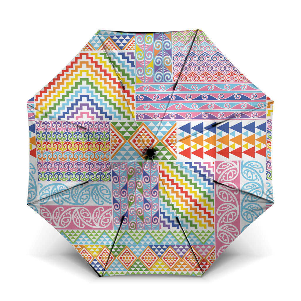 Aotearoa Kowhaiwhai Taniko Patchwork Rainbow Motifs Umbrella LT9 One Size Folded 11.42 inch Opened Diameter 37.4 inch Rainbow - Polynesian Pride