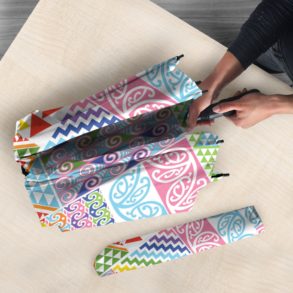 Aotearoa Kowhaiwhai Taniko Patchwork Rainbow Motifs Umbrella LT9 - Polynesian Pride