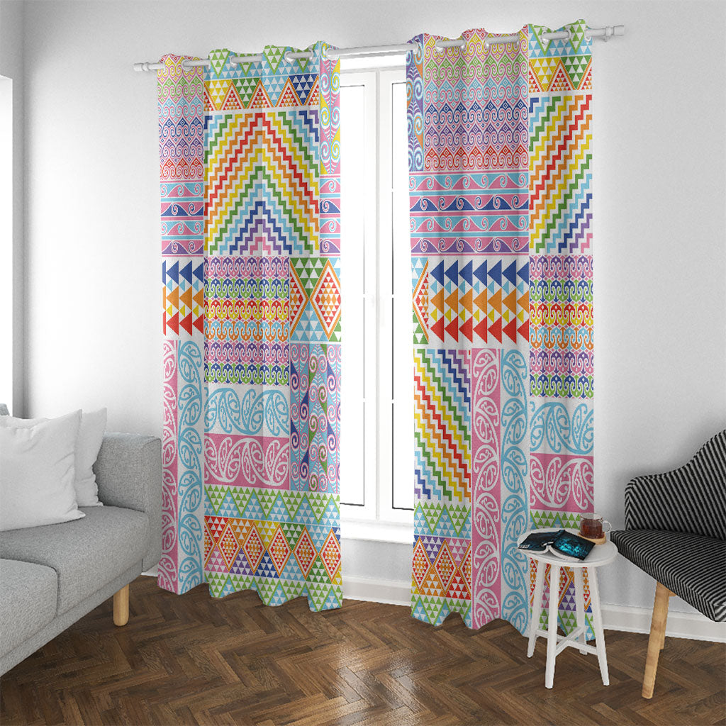 Aotearoa Kowhaiwhai Taniko Patchwork Rainbow Motifs Window Curtain LT9 With Grommets Rainbow - Polynesian Pride