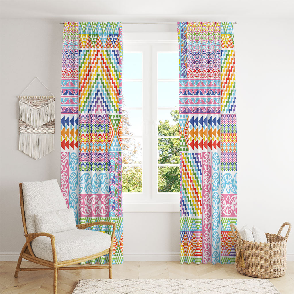 Aotearoa Kowhaiwhai Taniko Patchwork Rainbow Motifs Window Curtain LT9 - Polynesian Pride