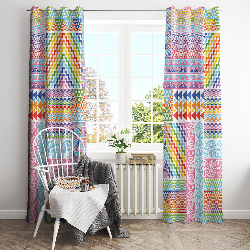 Aotearoa Kowhaiwhai Taniko Patchwork Rainbow Motifs Window Curtain LT9 - Polynesian Pride