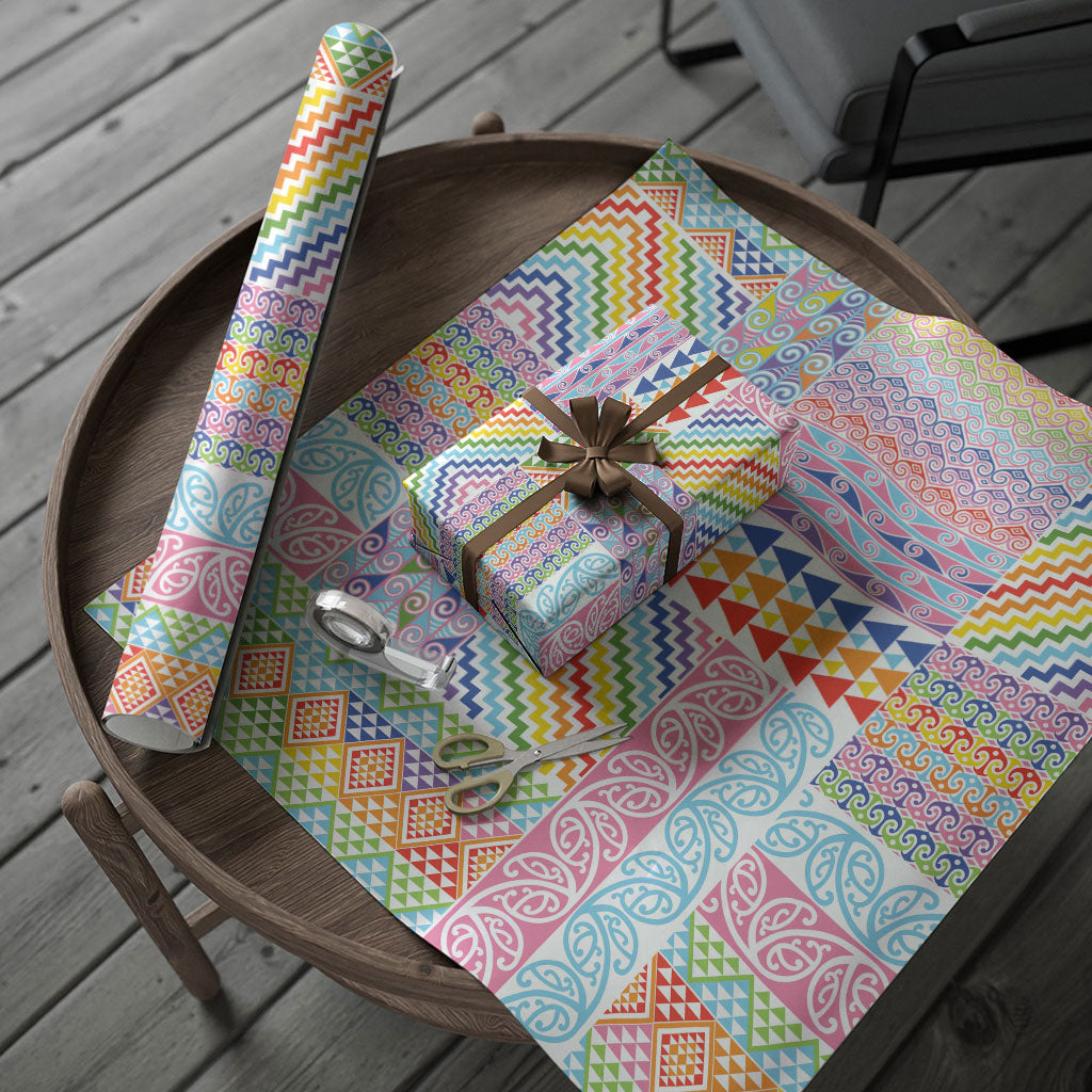 Aotearoa Kowhaiwhai Taniko Patchwork Rainbow Motifs Wrapping Paper LT9 - Polynesian Pride