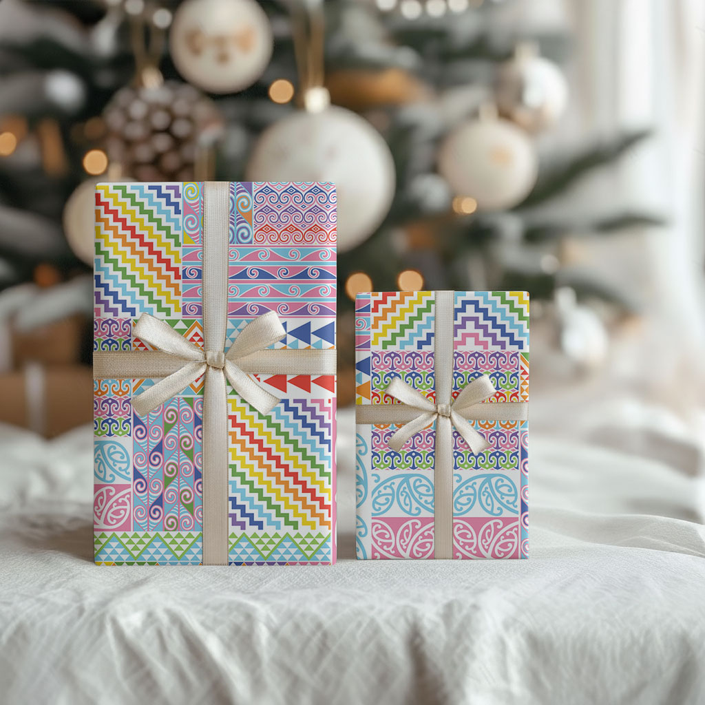 Aotearoa Kowhaiwhai Taniko Patchwork Rainbow Motifs Wrapping Paper LT9 - Polynesian Pride