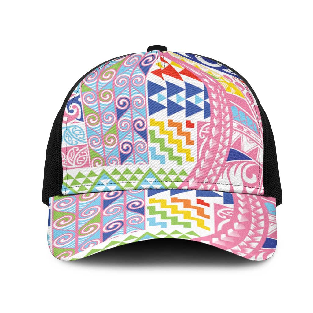 Maori Kowhaiwhai Taniko Patchwork Rainbow Motifs Mesh Trucker Cap LT9 One Size Black Rainbow - Polynesian Pride