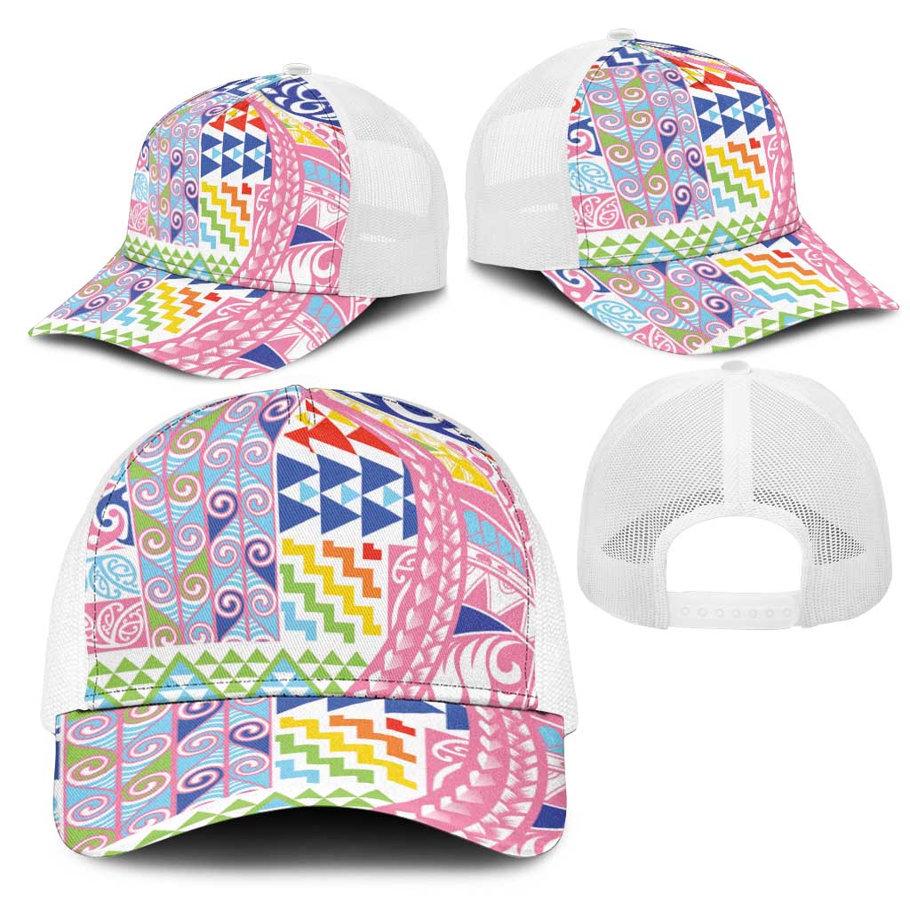 Maori Kowhaiwhai Taniko Patchwork Rainbow Motifs Mesh Trucker Cap LT9 - Polynesian Pride