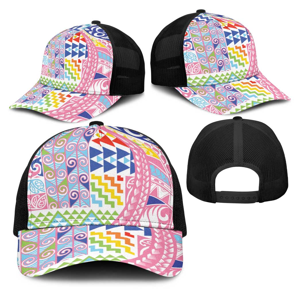 Maori Kowhaiwhai Taniko Patchwork Rainbow Motifs Mesh Trucker Cap LT9 - Polynesian Pride
