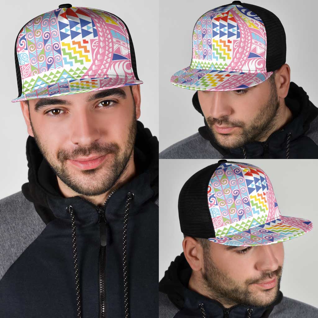 Maori Kowhaiwhai Taniko Patchwork Rainbow Motifs Mesh Trucker Cap LT9 - Polynesian Pride