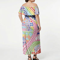Maori Kowhaiwhai Taniko Patchwork Rainbow Motifs Off Shoulder Maxi Dress LT9 - Polynesian Pride