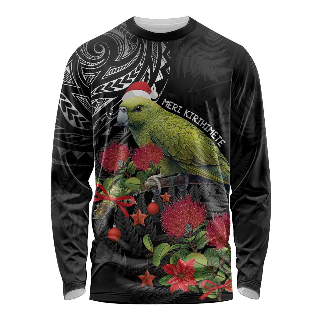 Meri Kirihimete Kakapo Long Sleeve Shirt Black Silver Fern Christmas Vibe