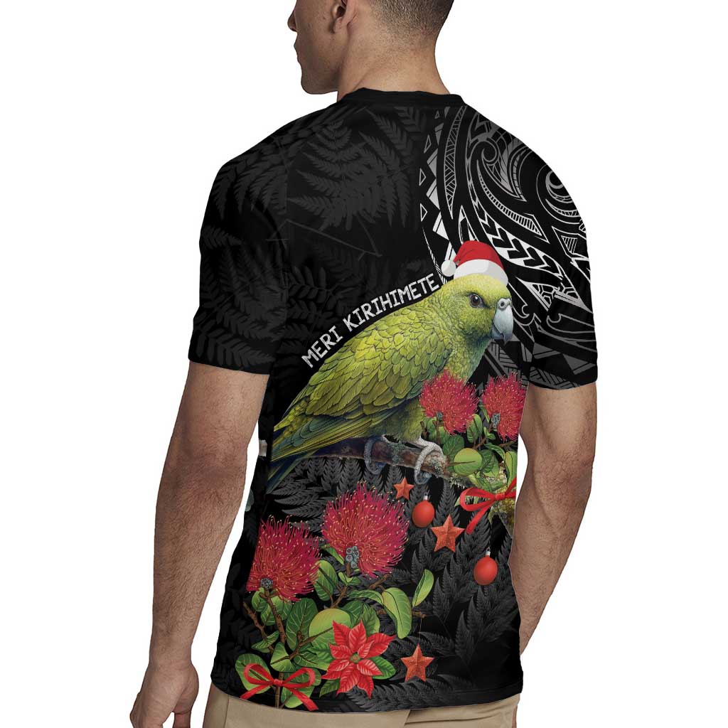 Meri Kirihimete Kakapo Rugby Jersey Black Silver Fern Christmas Vibe
