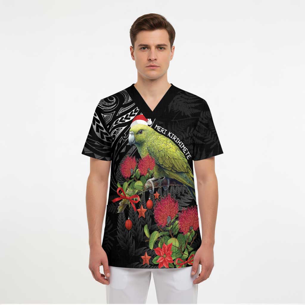 Meri Kirihimete Kakapo Scrub Top Black Silver Fern Christmas Vibe - Polynesian Pride