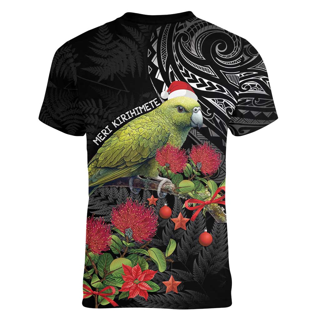 Meri Kirihimete Kakapo Women V-Neck T-Shirt Black Silver Fern Christmas Vibe