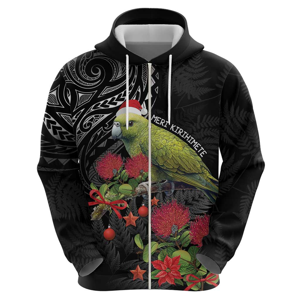 Meri Kirihimete Kakapo Zip Hoodie Black Silver Fern Christmas Vibe