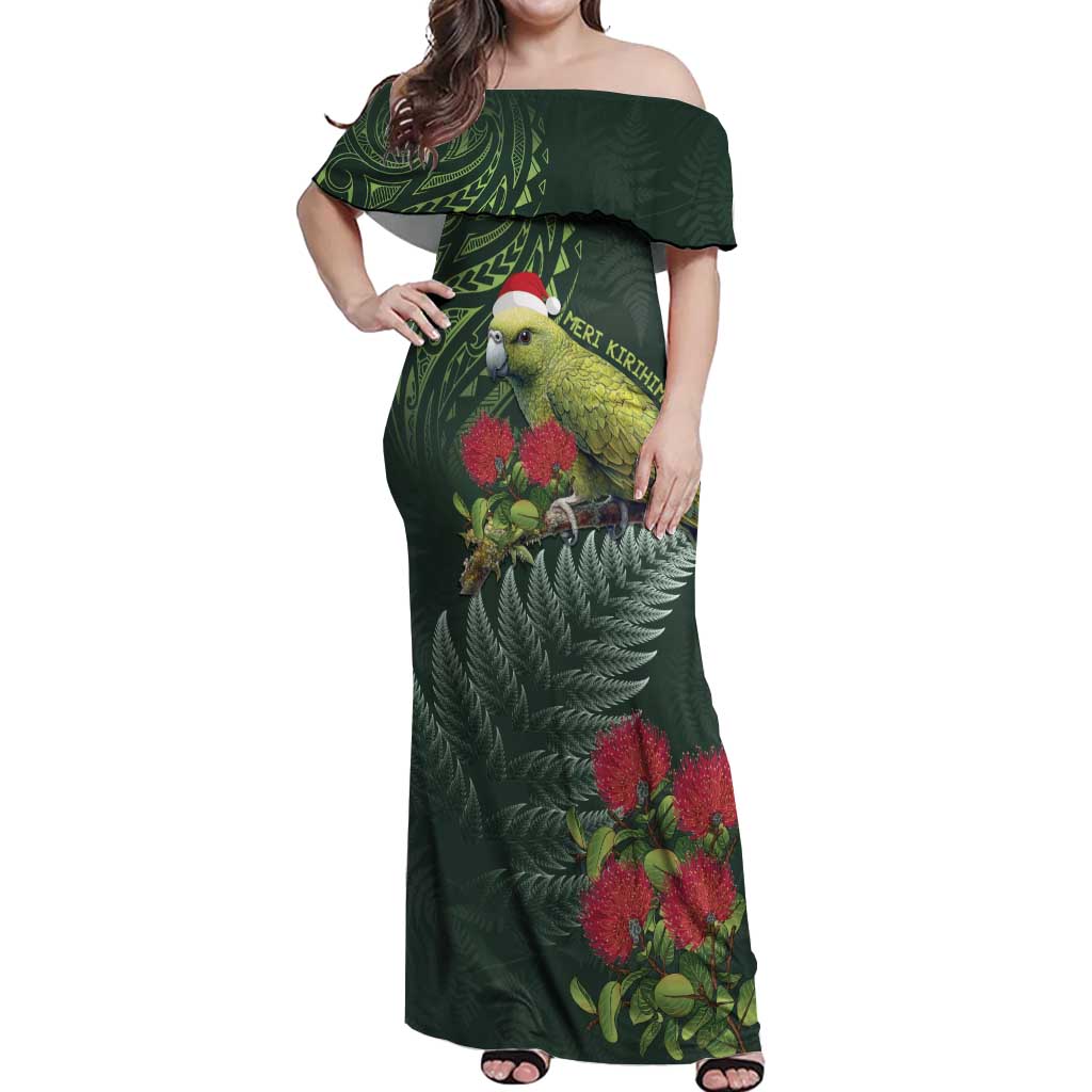Meri Kirihimete Kakapo Off Shoulder Maxi Dress Green Silver Fern Christmas Vibe LT9 Women Green - Polynesian Pride