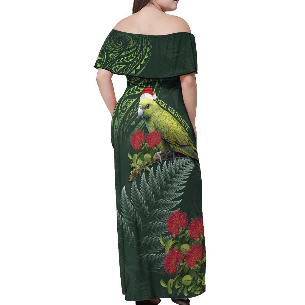 Meri Kirihimete Kakapo Off Shoulder Maxi Dress Green Silver Fern Christmas Vibe LT9 - Polynesian Pride