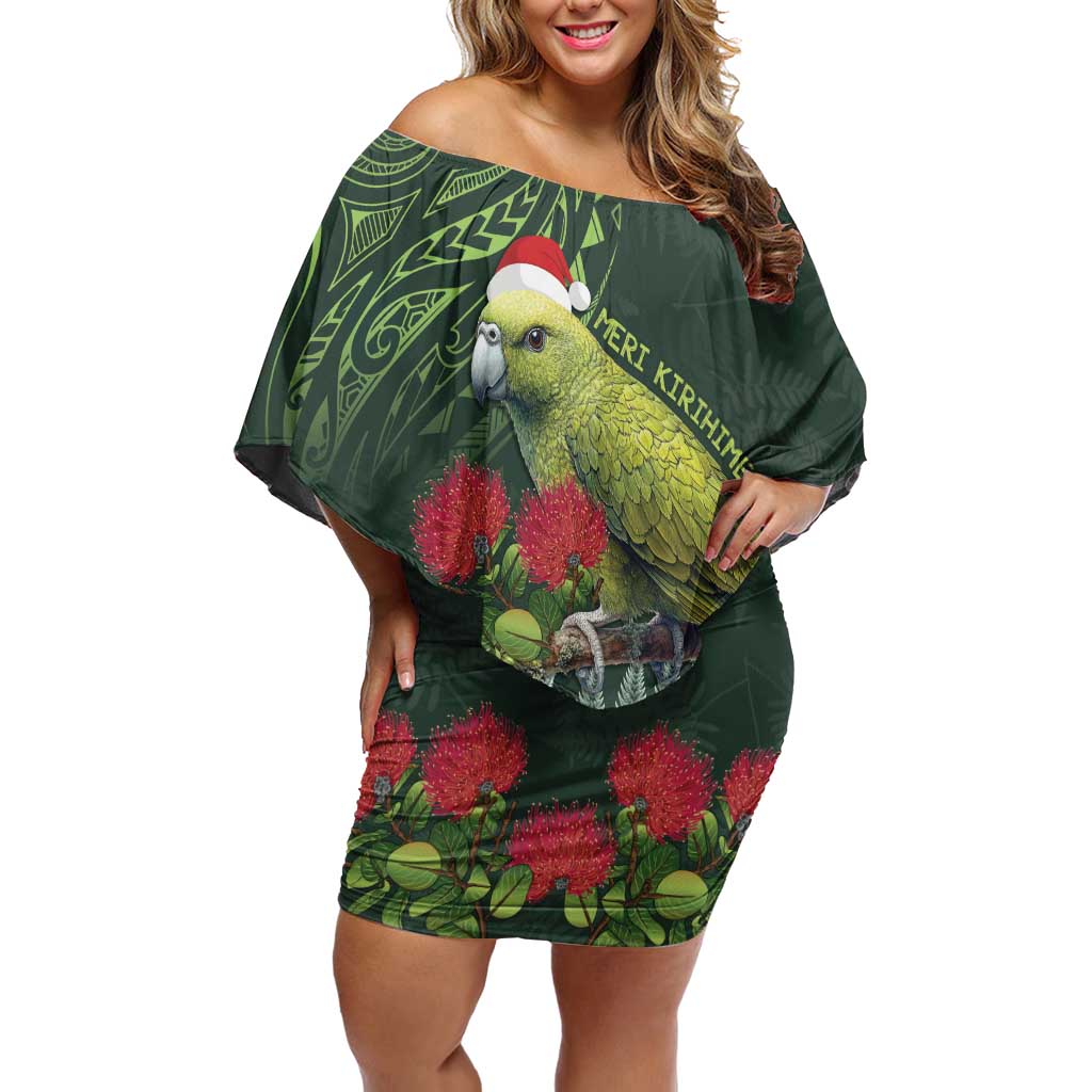 Meri Kirihimete Kakapo Off Shoulder Short Dress Green Silver Fern Christmas Vibe LT9 Women Green - Polynesian Pride