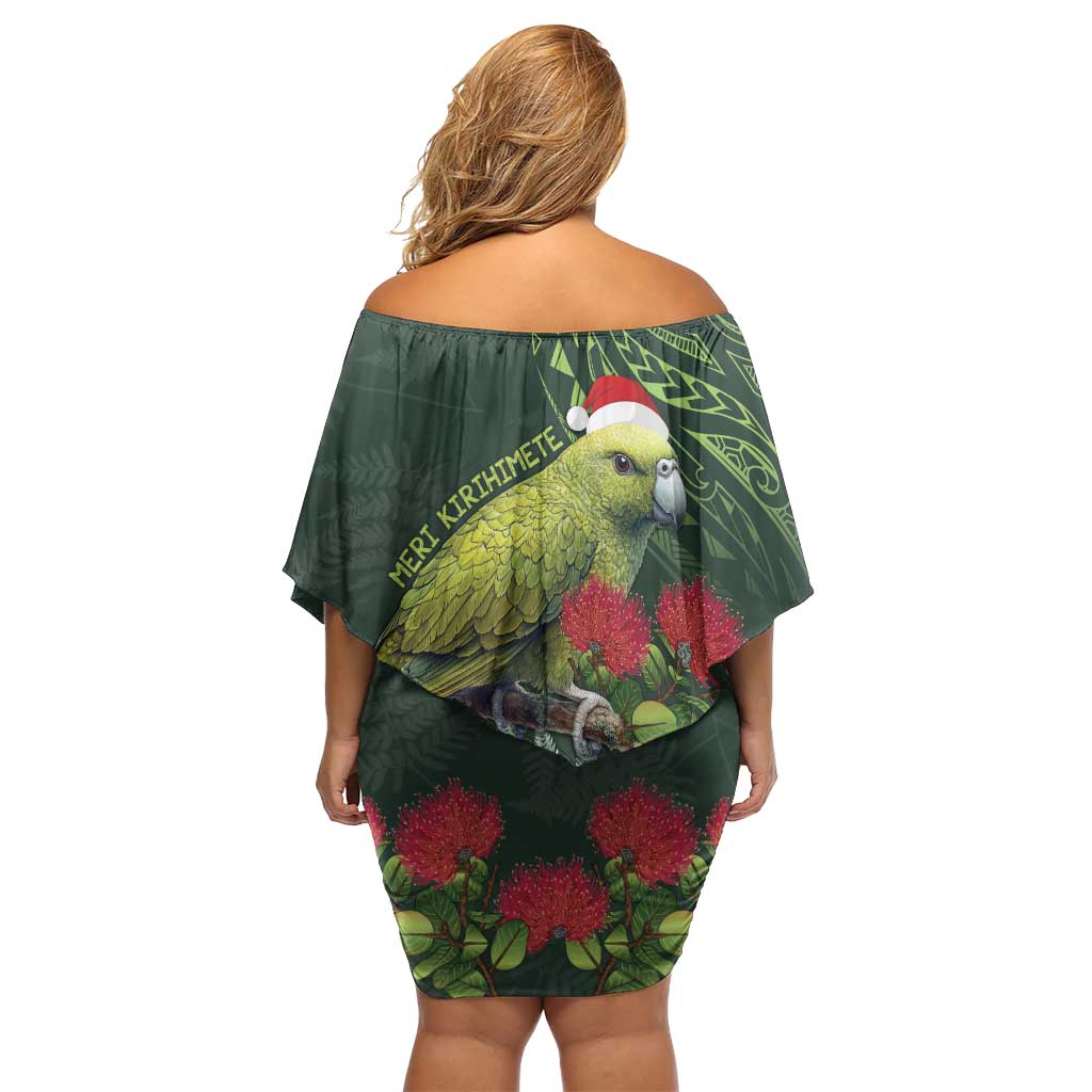 Meri Kirihimete Kakapo Off Shoulder Short Dress Green Silver Fern Christmas Vibe LT9 - Polynesian Pride