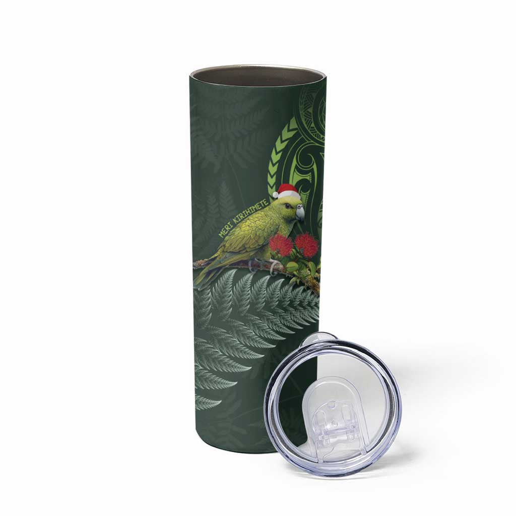 Meri Kirihimete Kakapo Skinny Tumbler Green Silver Fern Christmas Vibe