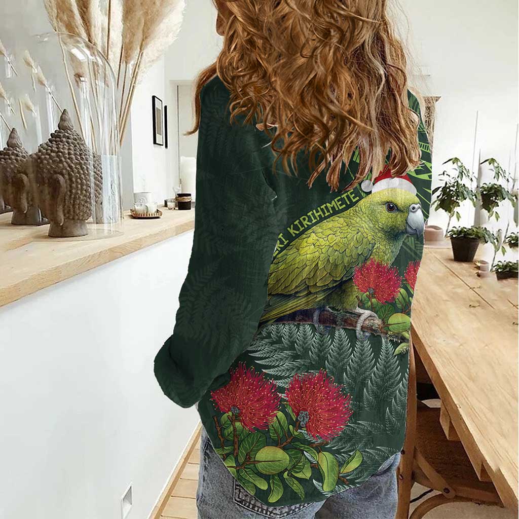 Meri Kirihimete Kakapo Women Casual Shirt Green Silver Fern Christmas Vibe