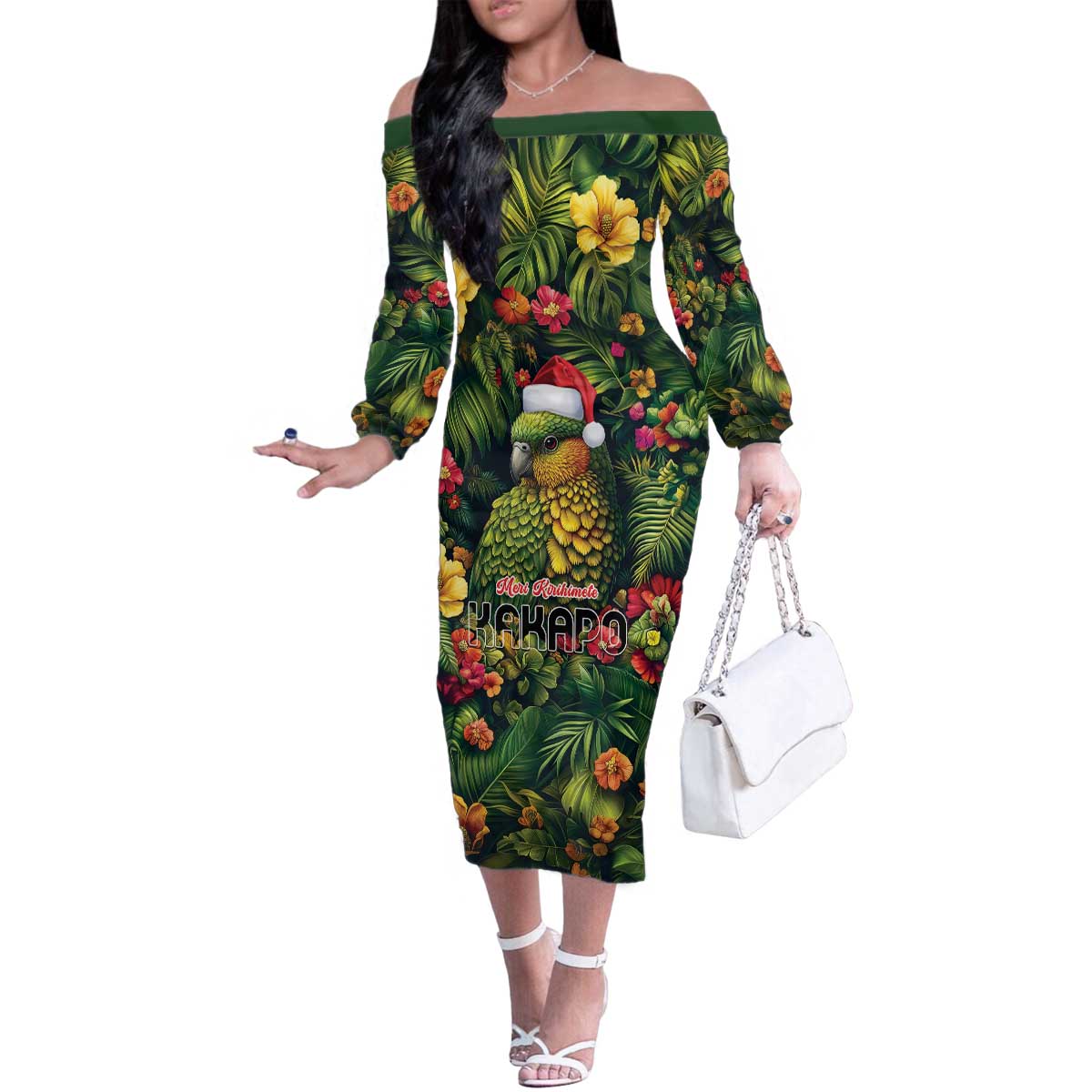 Meri Kirihimete Kakapo Family Matching Off The Shoulder Long Sleeve Dress and Hawaiian Shirt New Zealand Christmas with Tropical Vibe