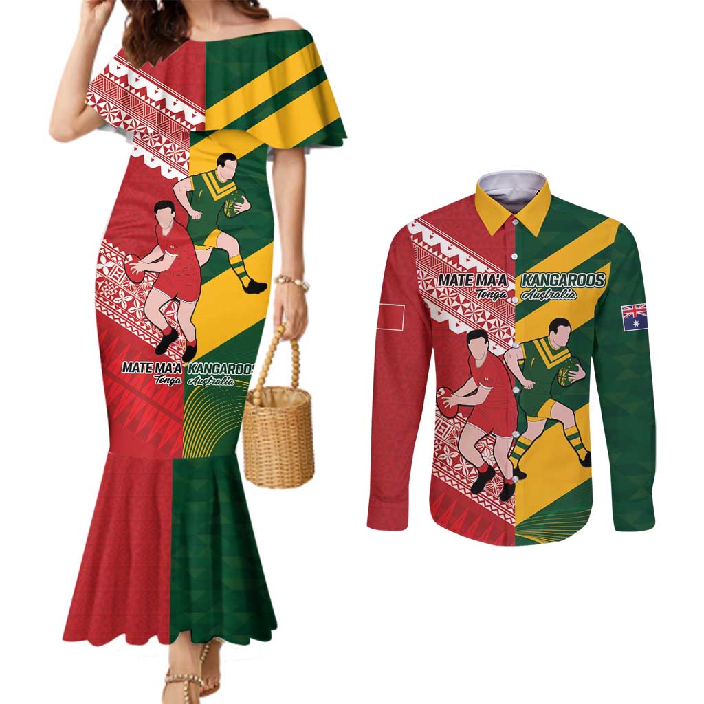 Australia-Tonga Rugby Pacific Custom Couples Matching Mermaid Dress and Long Sleeve Button Shirt The Kangaroos and Mate Ma'a Tonga