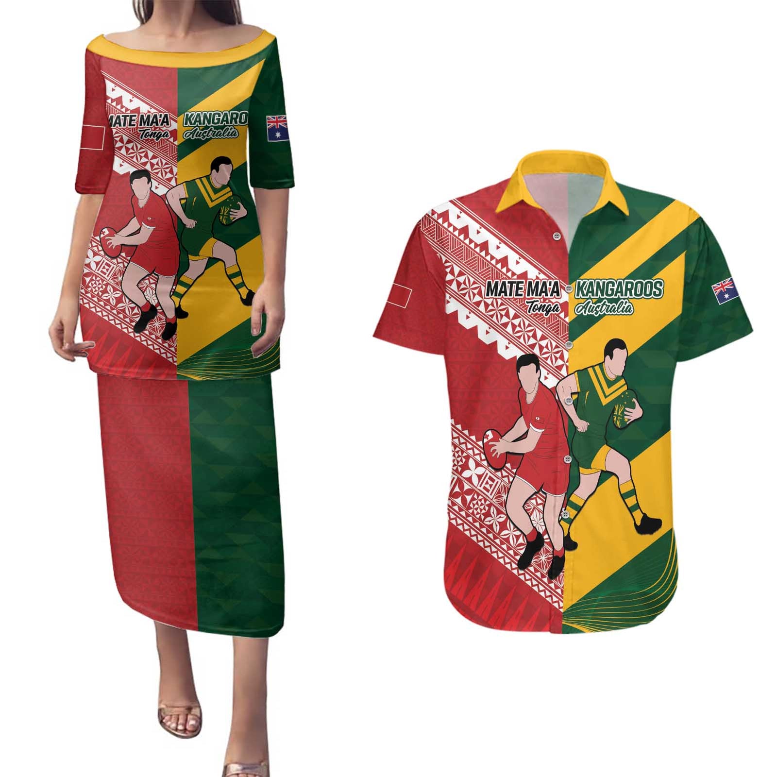 Australia-Tonga Rugby Pacific Custom Couples Matching Puletasi and Hawaiian Shirt The Kangaroos and Mate Ma'a Tonga