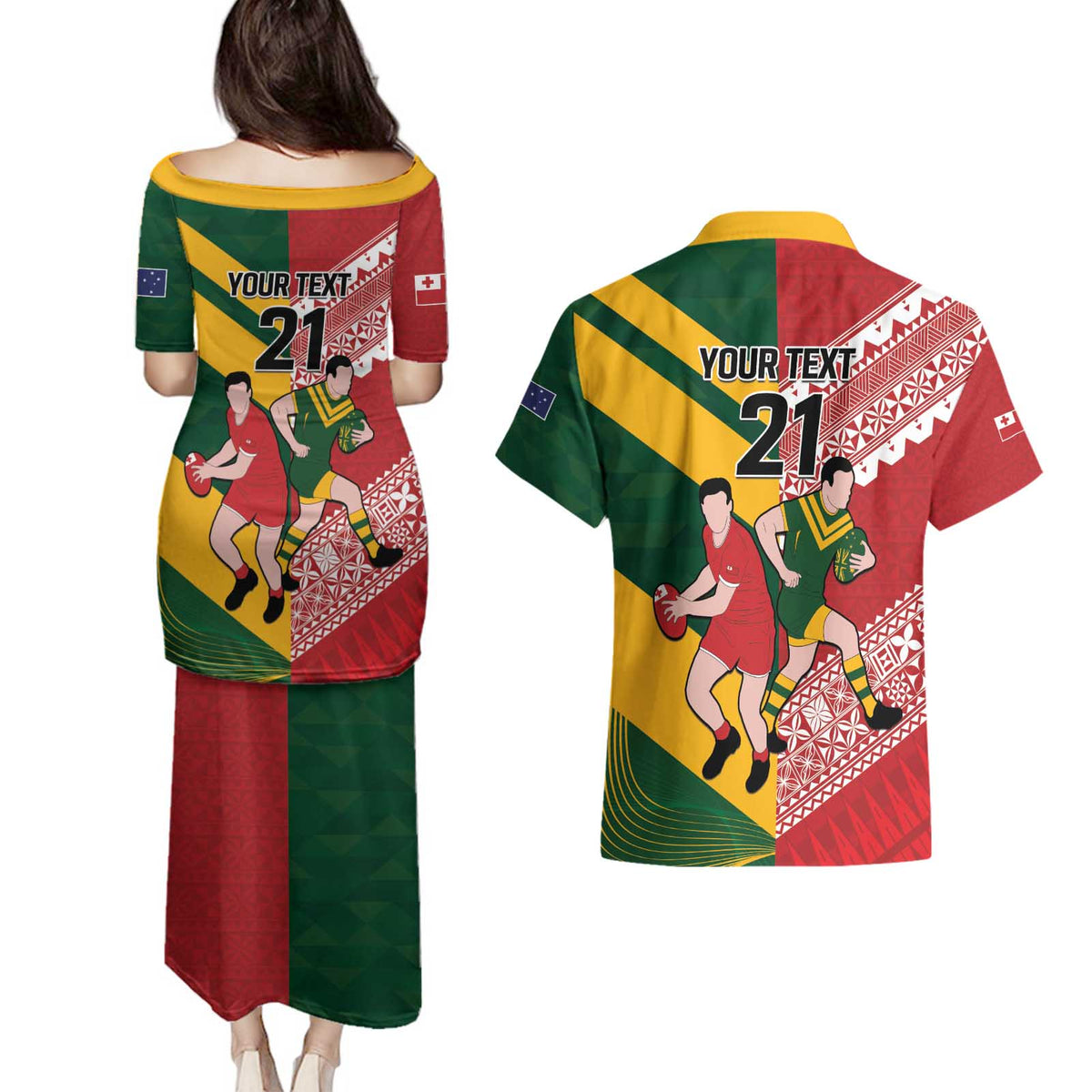 Australia-Tonga Rugby Pacific Custom Couples Matching Puletasi and Hawaiian Shirt The Kangaroos and Mate Ma'a Tonga