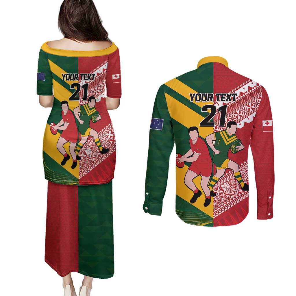 Australia-Tonga Rugby Pacific Custom Couples Matching Puletasi and Long Sleeve Button Shirt The Kangaroos and Mate Ma'a Tonga
