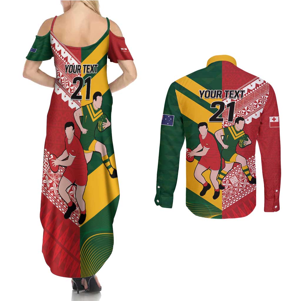 Australia-Tonga Rugby Pacific Custom Couples Matching Summer Maxi Dress and Long Sleeve Button Shirt The Kangaroos and Mate Ma'a Tonga