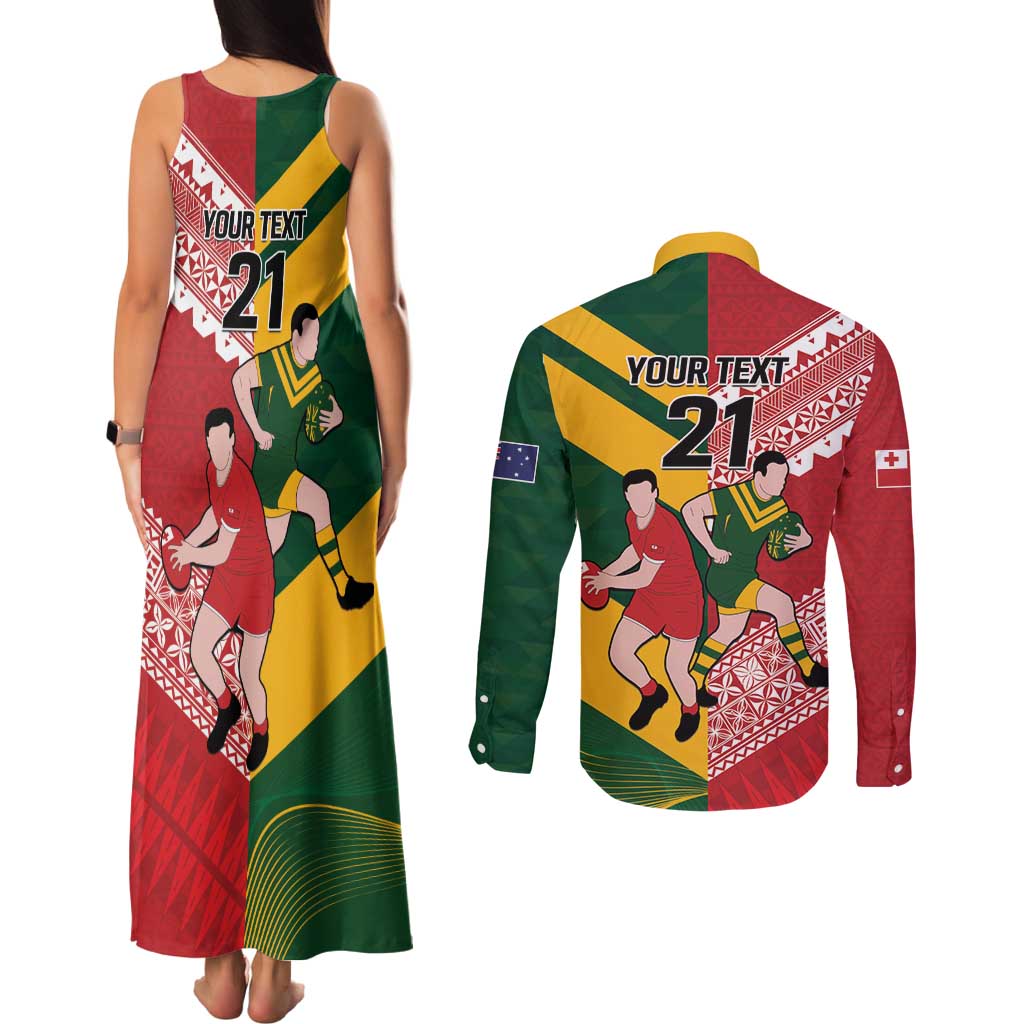Australia-Tonga Rugby Pacific Custom Couples Matching Tank Maxi Dress and Long Sleeve Button Shirt The Kangaroos and Mate Ma'a Tonga