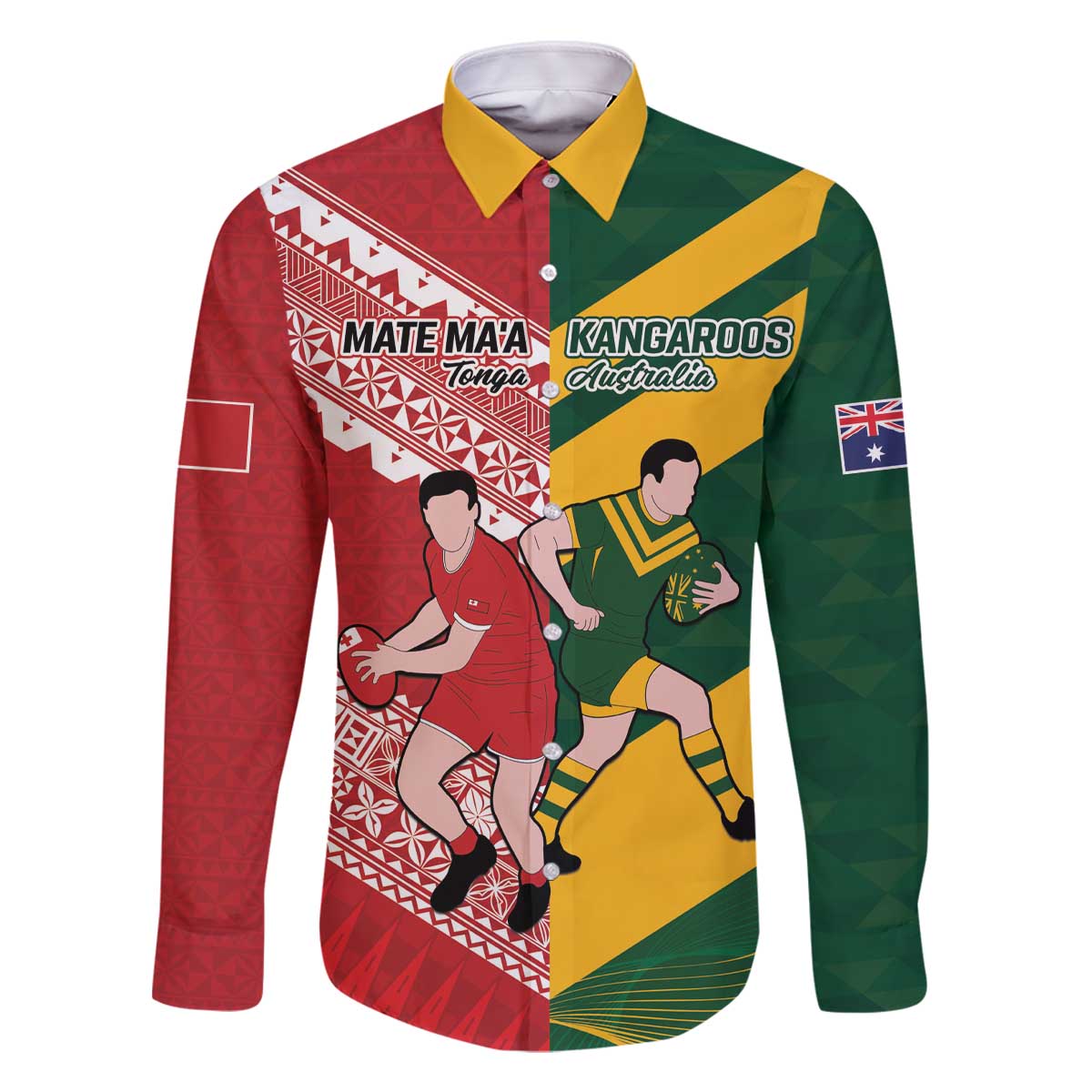 Australia-Tonga Rugby Pacific Custom Family Matching Off The Shoulder Long Sleeve Dress and Hawaiian Shirt The Kangaroos and Mate Ma'a Tonga