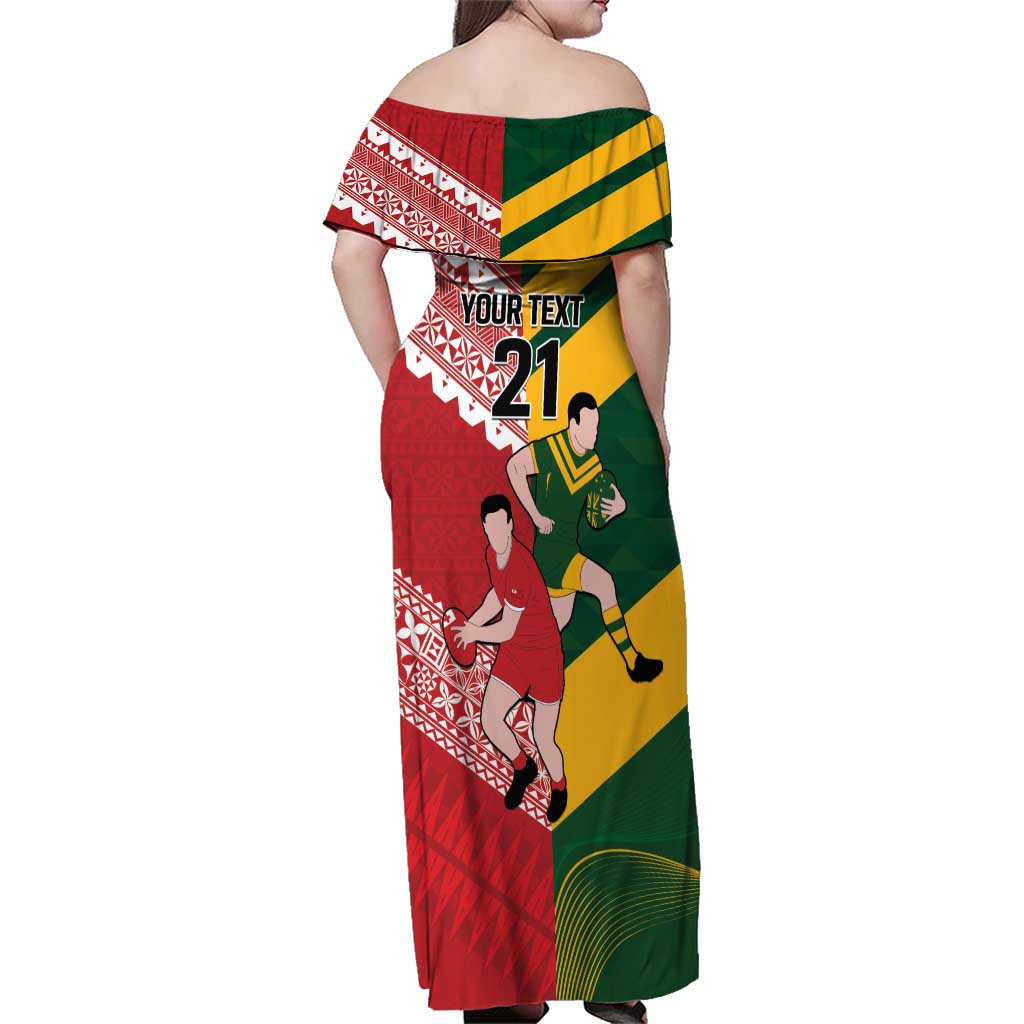 Australia-Tonga Rugby Pacific Custom Family Matching Off Shoulder Maxi Dress and Hawaiian Shirt The Kangaroos and Mate Ma'a Tonga