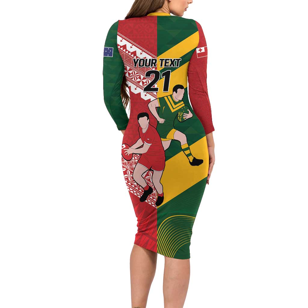 Australia-Tonga Rugby Pacific Custom Long Sleeve Bodycon Dress The Kangaroos and Mate Ma'a Tonga