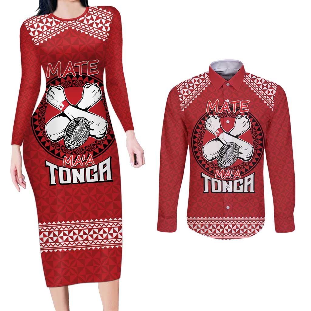 Tonga Rugby XIII Custom Couples Matching Long Sleeve Bodycon Dress and Long Sleeve Button Shirt Mate Ma'a Tonga with Ngatu Pattern
