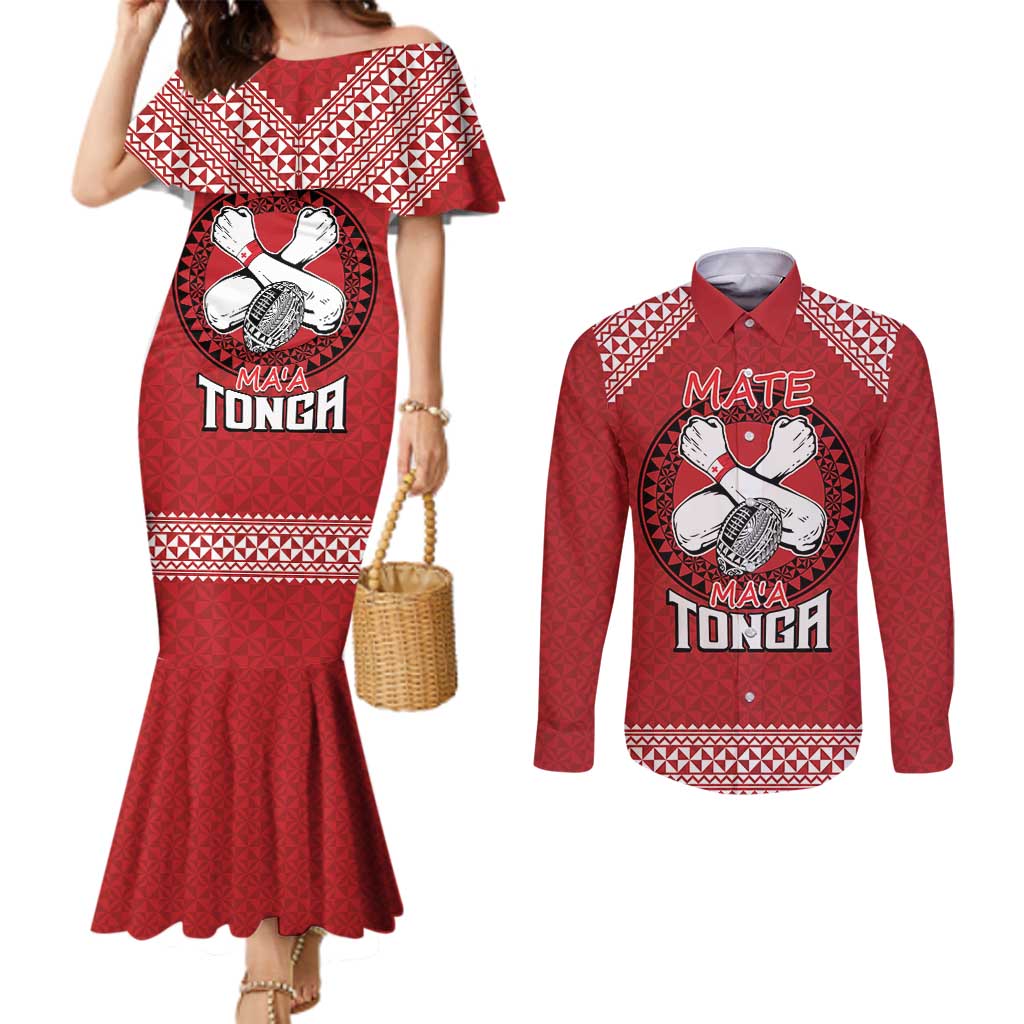 Tonga Rugby XIII Custom Couples Matching Mermaid Dress and Long Sleeve Button Shirt Mate Ma'a Tonga with Ngatu Pattern