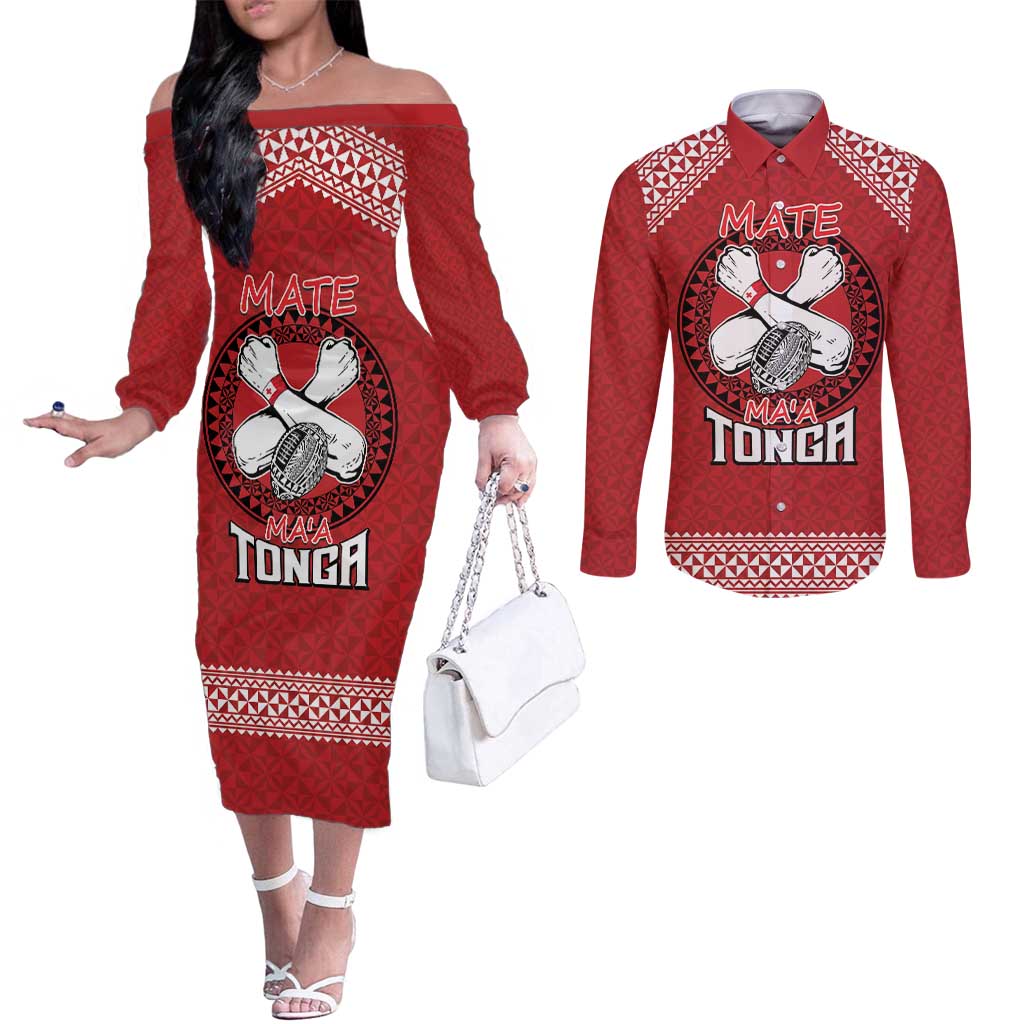 Tonga Rugby XIII Custom Couples Matching Off The Shoulder Long Sleeve Dress and Long Sleeve Button Shirt Mate Ma'a Tonga with Ngatu Pattern
