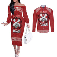 Tonga Rugby XIII Custom Couples Matching Off The Shoulder Long Sleeve Dress and Long Sleeve Button Shirt Mate Ma'a Tonga with Ngatu Pattern