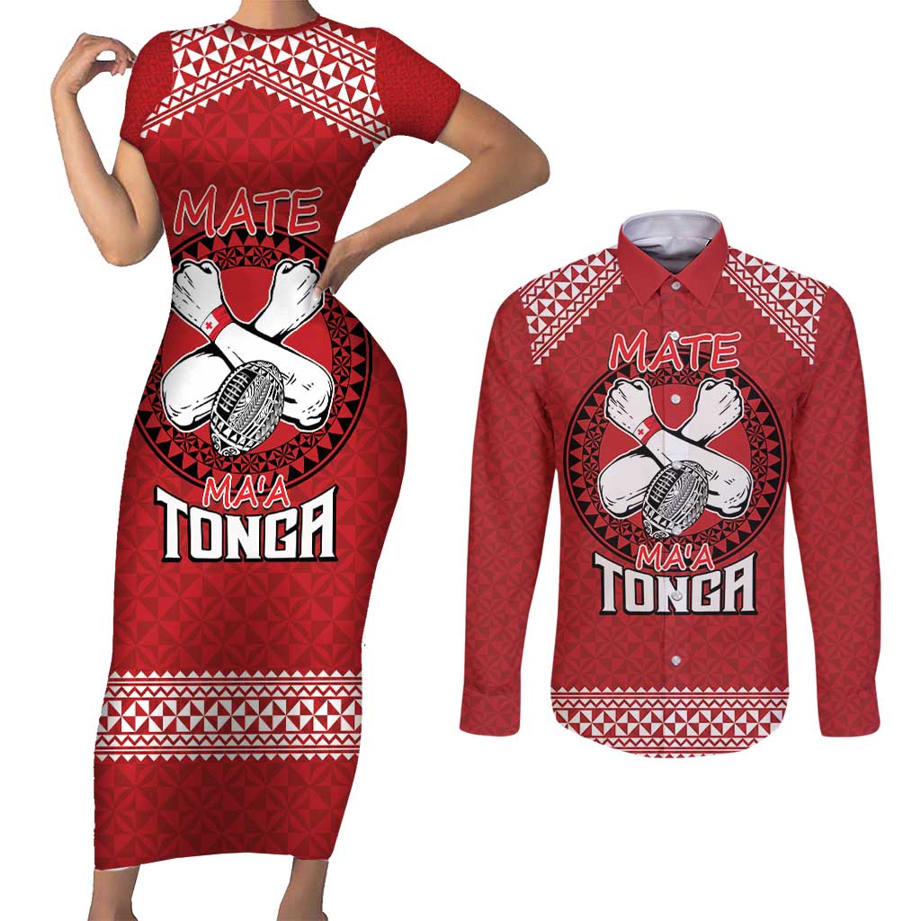 Tonga Rugby XIII Custom Couples Matching Short Sleeve Bodycon Dress and Long Sleeve Button Shirt Mate Ma'a Tonga with Ngatu Pattern