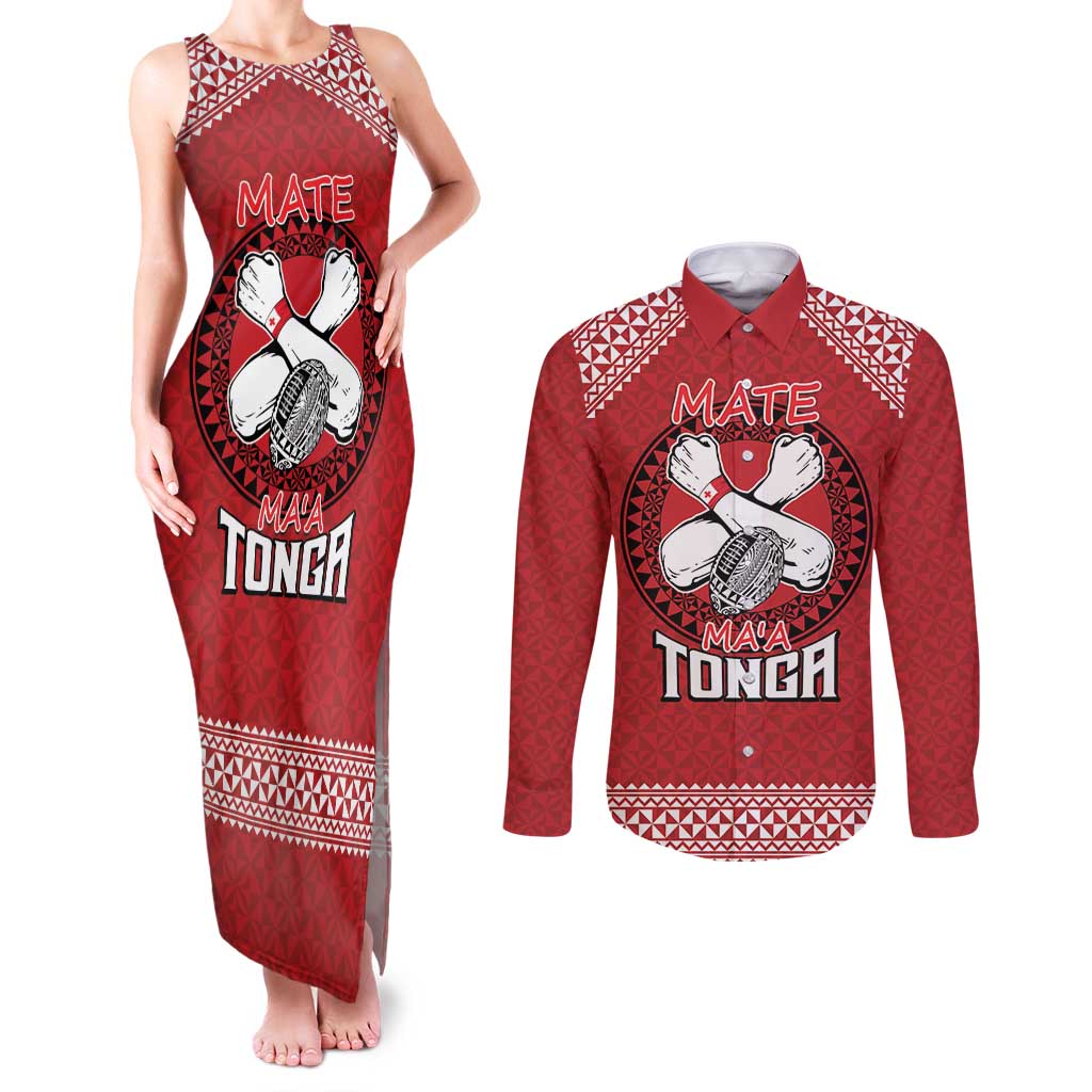 Tonga Rugby XIII Custom Couples Matching Tank Maxi Dress and Long Sleeve Button Shirt Mate Ma'a Tonga with Ngatu Pattern