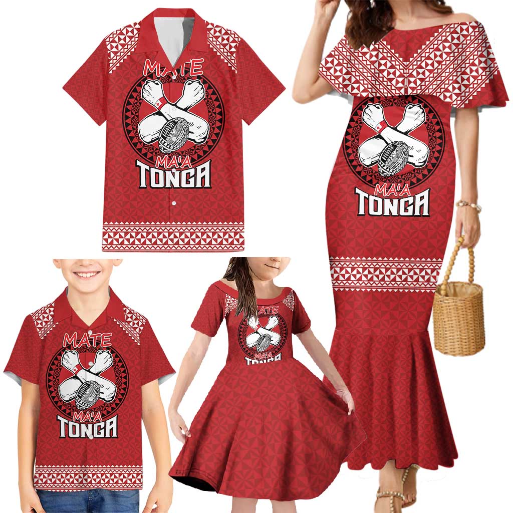Tonga Rugby XIII Custom Family Matching Mermaid Dress and Hawaiian Shirt Mate Ma'a Tonga with Ngatu Pattern