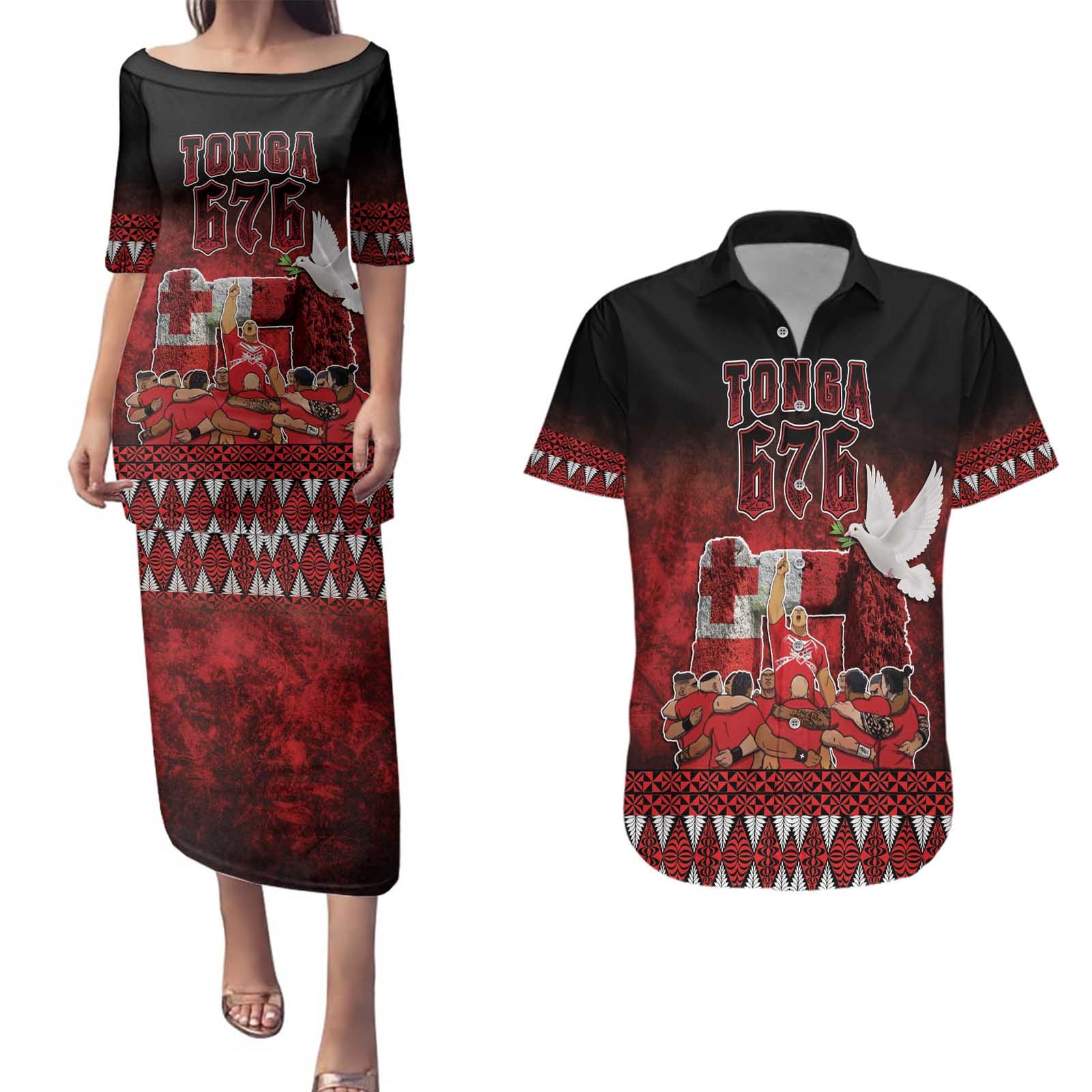 Custom Tonga 676 Haʻamonga ʻa Maui Couples Matching Puletasi and Hawaiian Shirt Tongan Sipi Tau Unique Dance