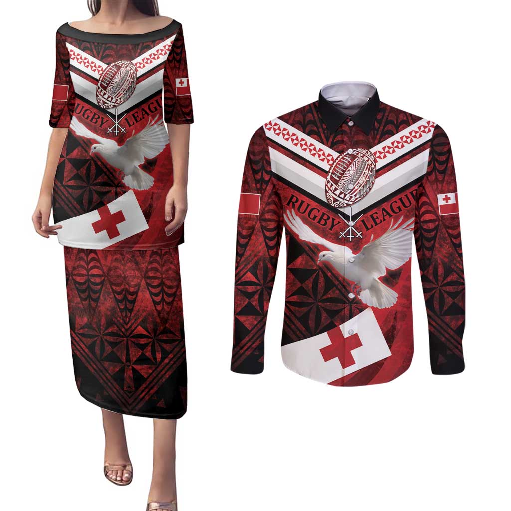 Custom Tonga XIII Rugby Tribal Tattoo Couples Matching Puletasi and Long Sleeve Button Shirt Mate Ma'a Tonga Kupesi Ngatu Grunge Style