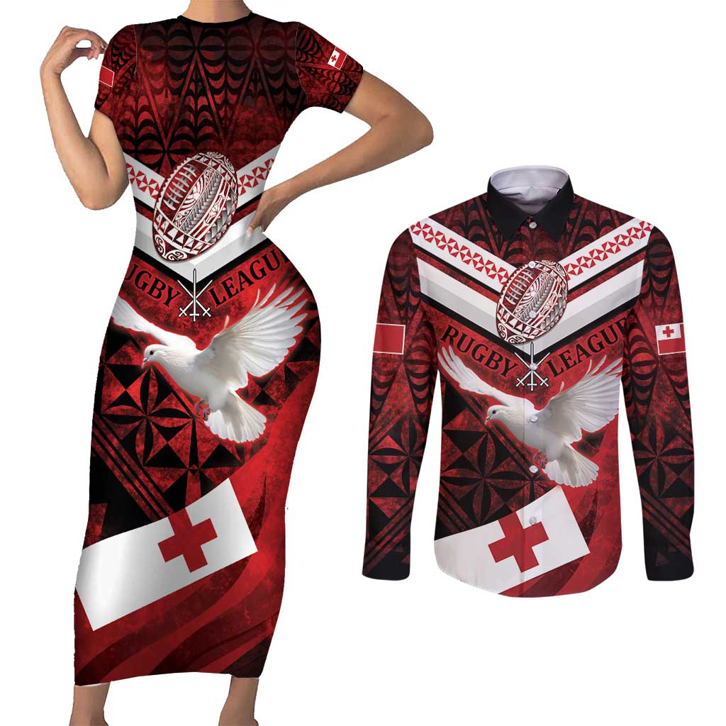 Custom Tonga XIII Rugby Tribal Tattoo Couples Matching Short Sleeve Bodycon Dress and Long Sleeve Button Shirt Mate Ma'a Tonga Kupesi Ngatu Grunge Style