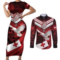 Custom Tonga XIII Rugby Tribal Tattoo Couples Matching Short Sleeve Bodycon Dress and Long Sleeve Button Shirt Mate Ma'a Tonga Kupesi Ngatu Grunge Style