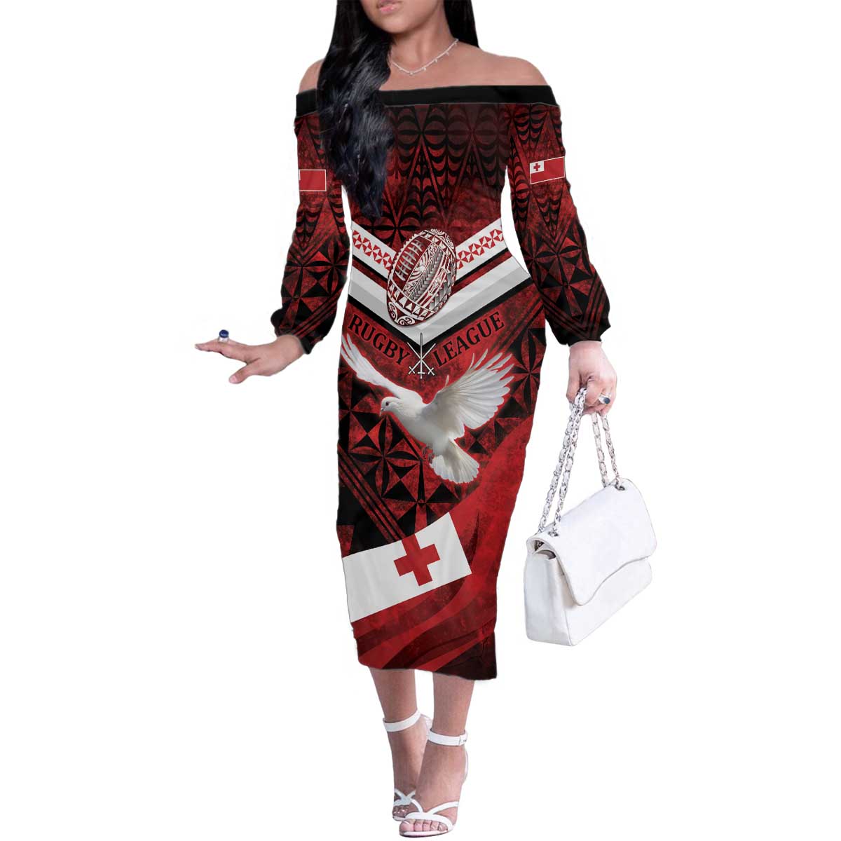 Custom Tonga XIII Rugby Tribal Tattoo Family Matching Off The Shoulder Long Sleeve Dress and Hawaiian Shirt Mate Ma'a Tonga Kupesi Ngatu Grunge Style
