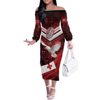 Custom Tonga XIII Rugby Tribal Tattoo Family Matching Off The Shoulder Long Sleeve Dress and Hawaiian Shirt Mate Ma'a Tonga Kupesi Ngatu Grunge Style